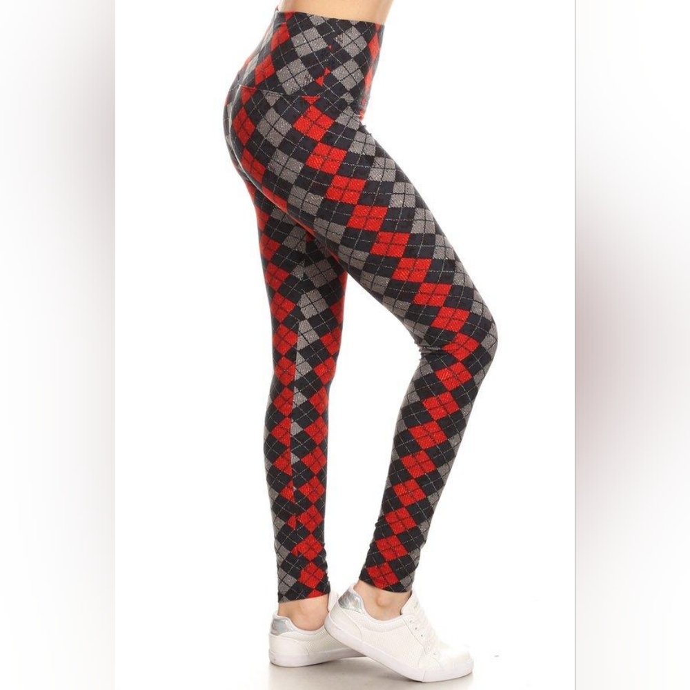 One size red, black and gray argyle plaid print leggings